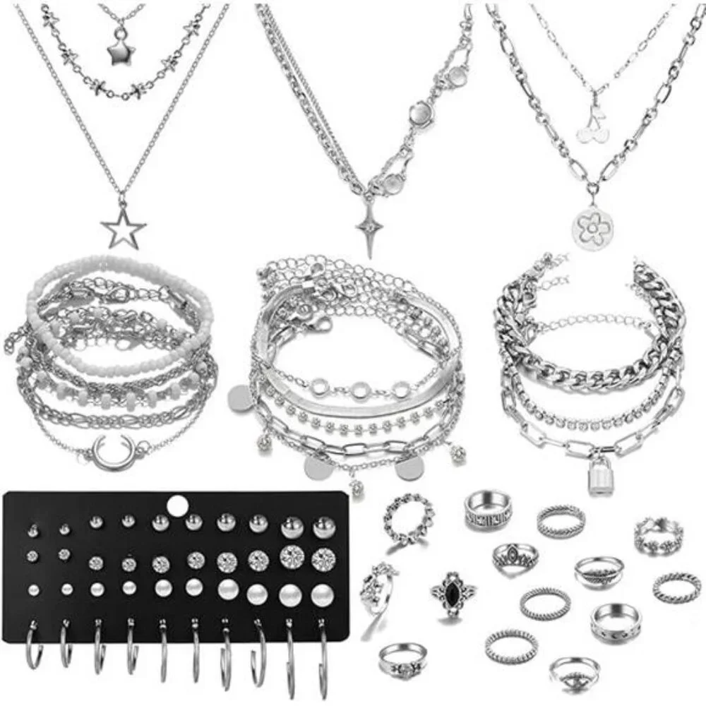37pcs silver jewelry set necklaces bracelets hoop earrings rings cuffs for women